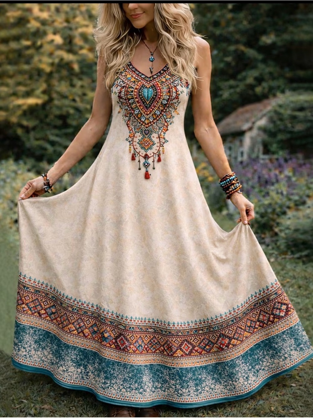 Bohemian Cream Maxi Dress with Teal Embroidered Border